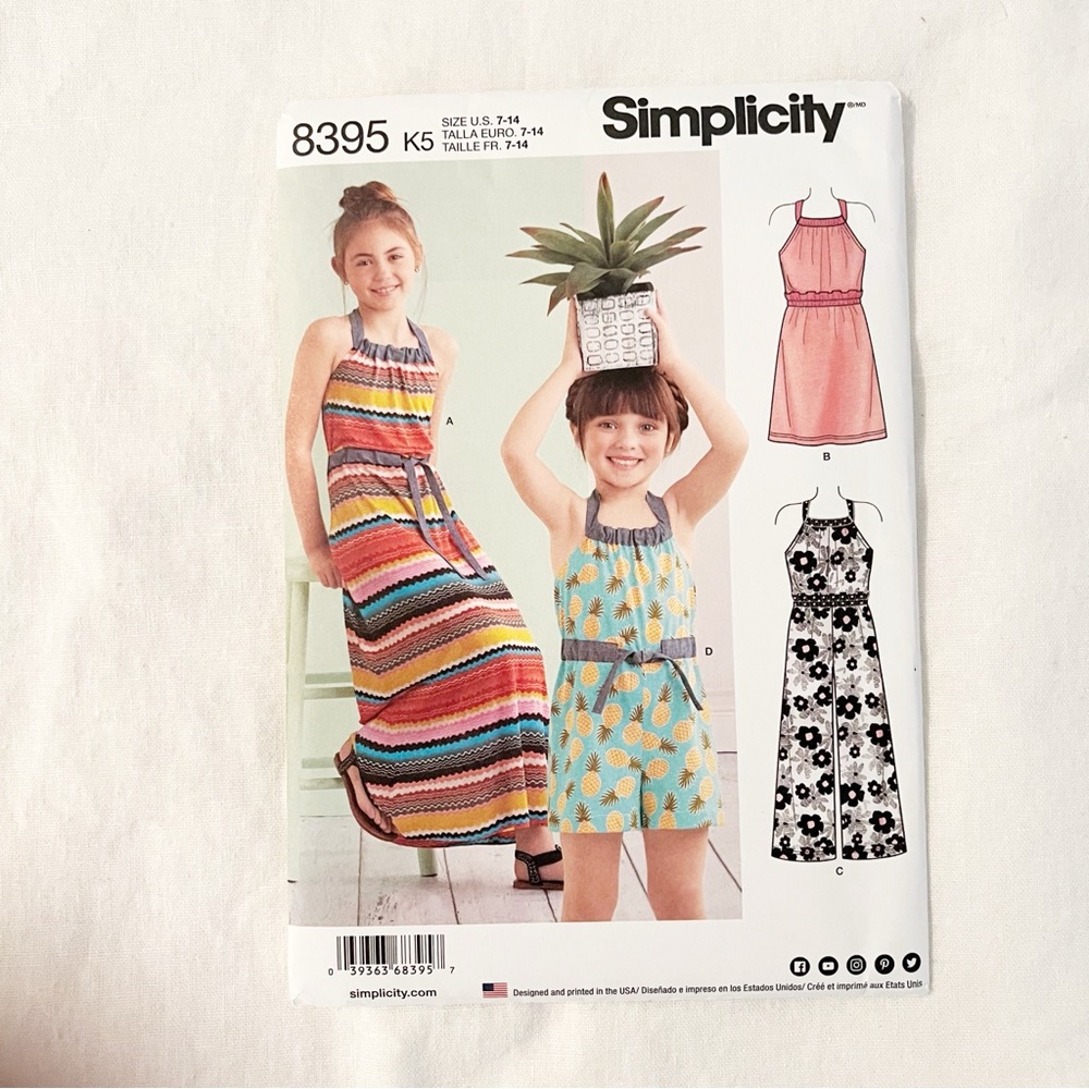 Simplicity 8395 Girls Halter Dress & Romper Pattern | Sizes 7–14 | Summer Style